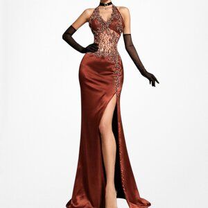 Vintage Y2K Brown Lace Beaded Halter Side Slit Satin Maxi Bodycon Dress Size S